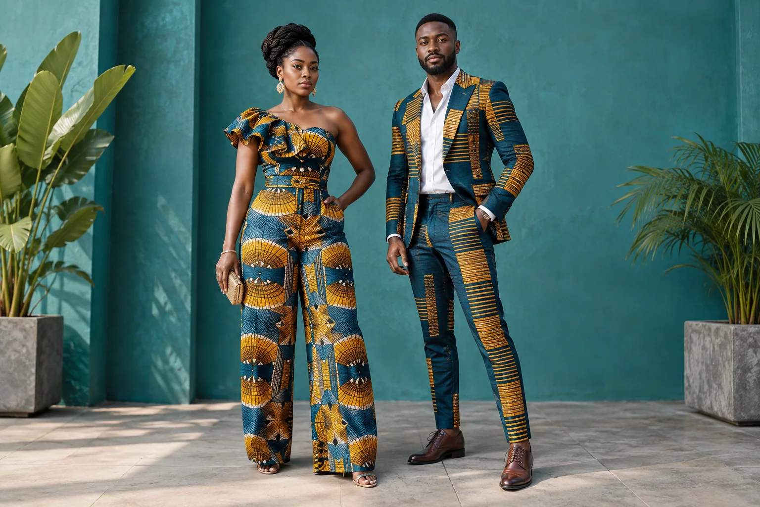 Illustrative editorial photograph of two adult Ghanaian models in contemporary tailored patterned clothing