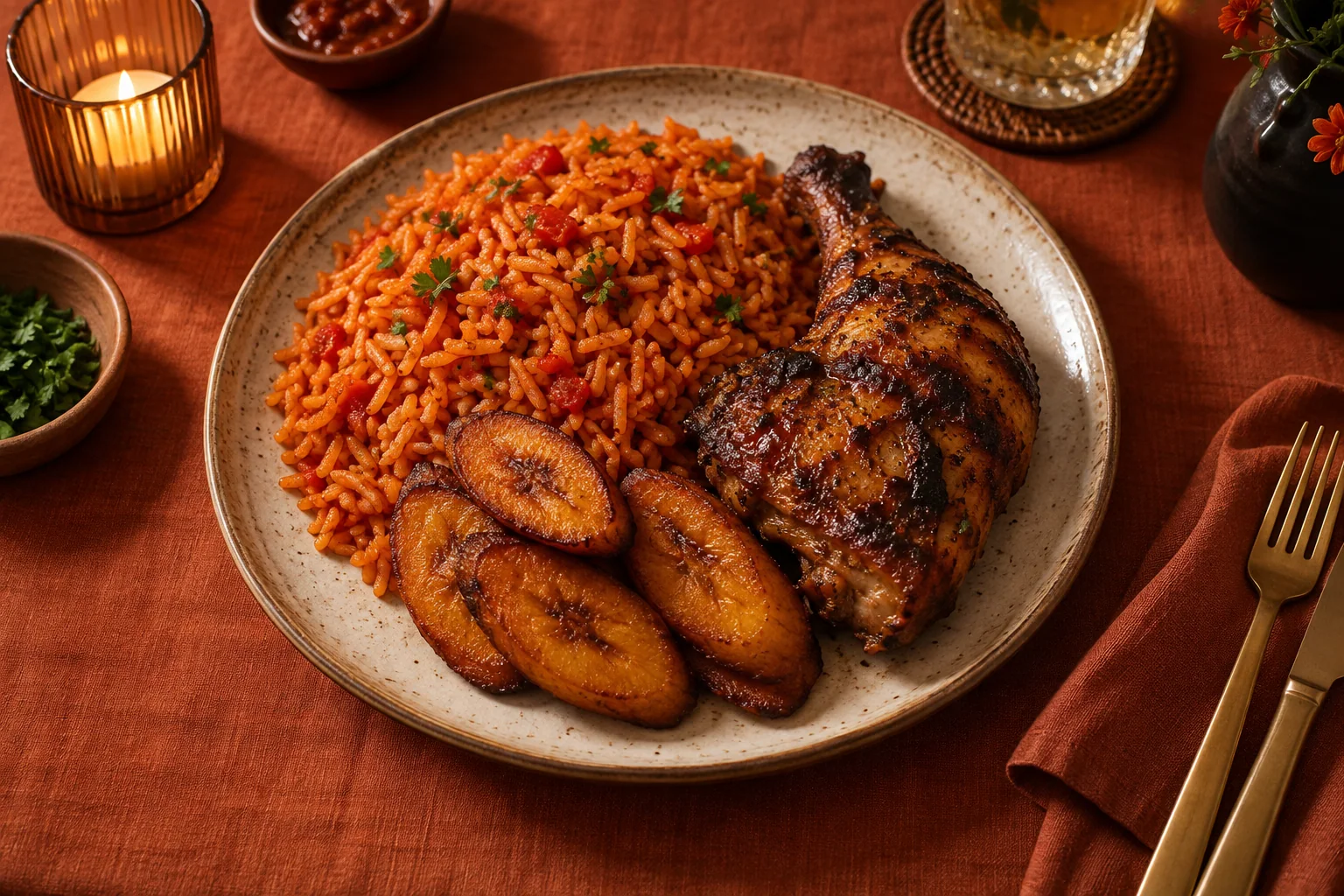 Illustrative Ghanaian jollof rice, grilled chicken and plantain on a ceramic plate