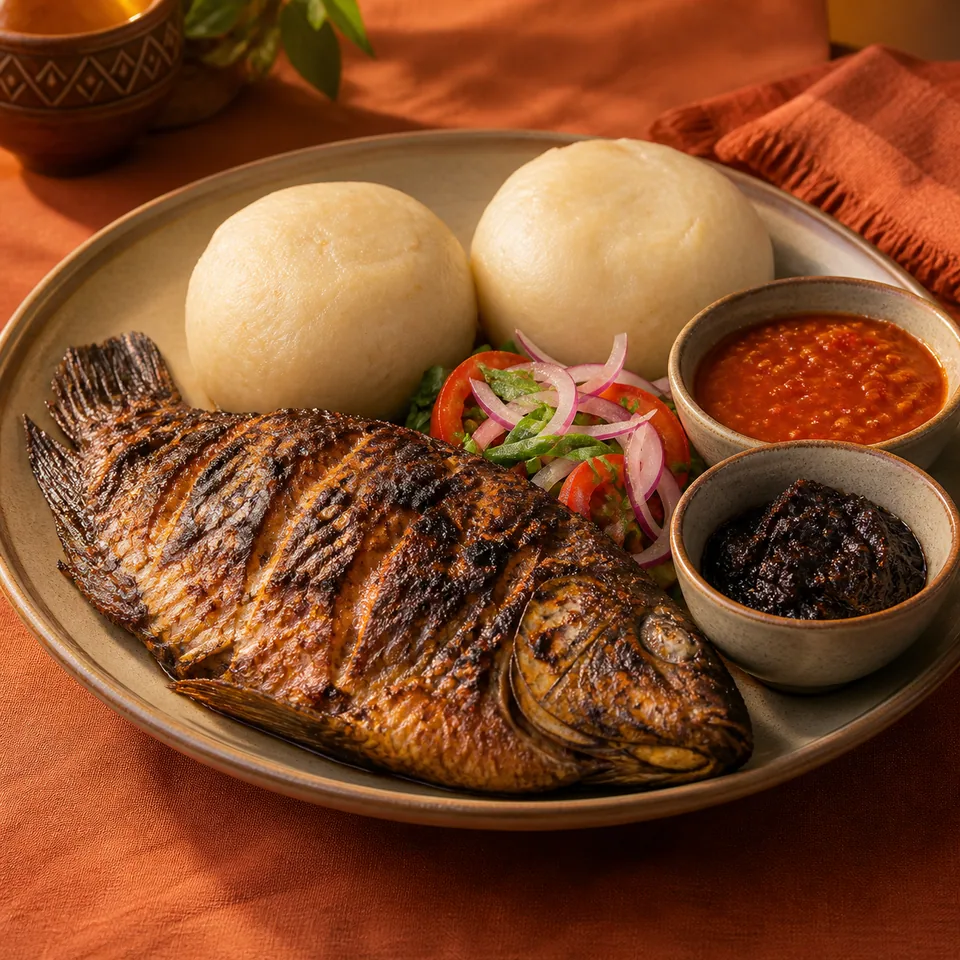 Illustrative grilled tilapia & banku for Dweniva Foods