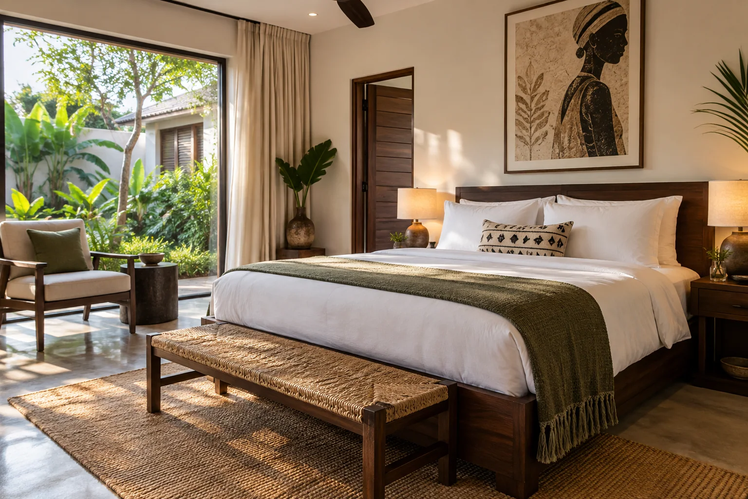 Illustrative guesthouse bedroom with a king bed and a sunlit green courtyard